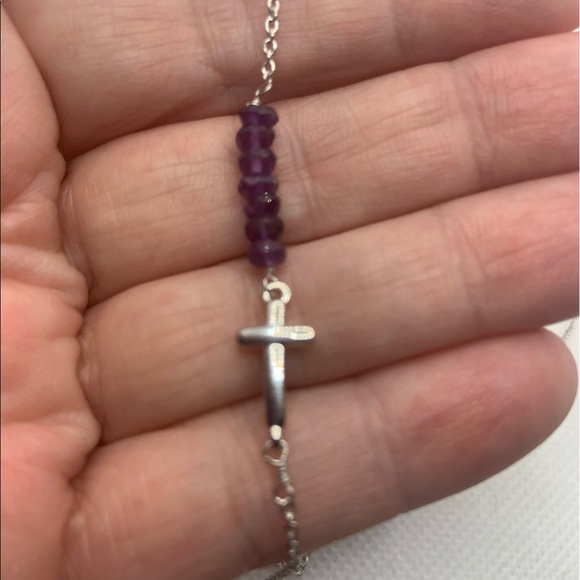AMETHYST, SIDE CROSS STERLING SILVER NECKLACE - Picture 4 of 8